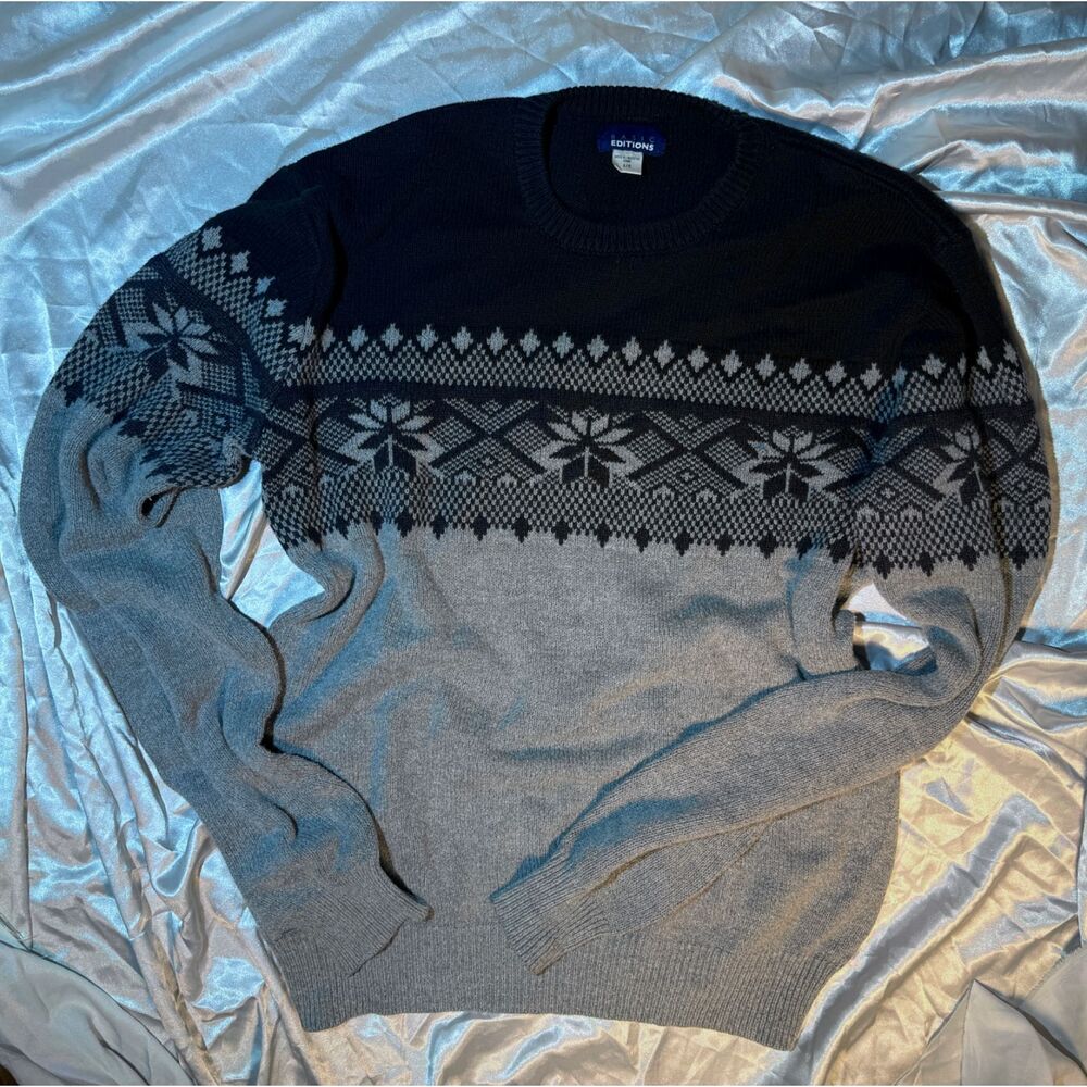 Basic Editions Black Gray Ombre Fair Isle Snowflake Sweater Men's Small